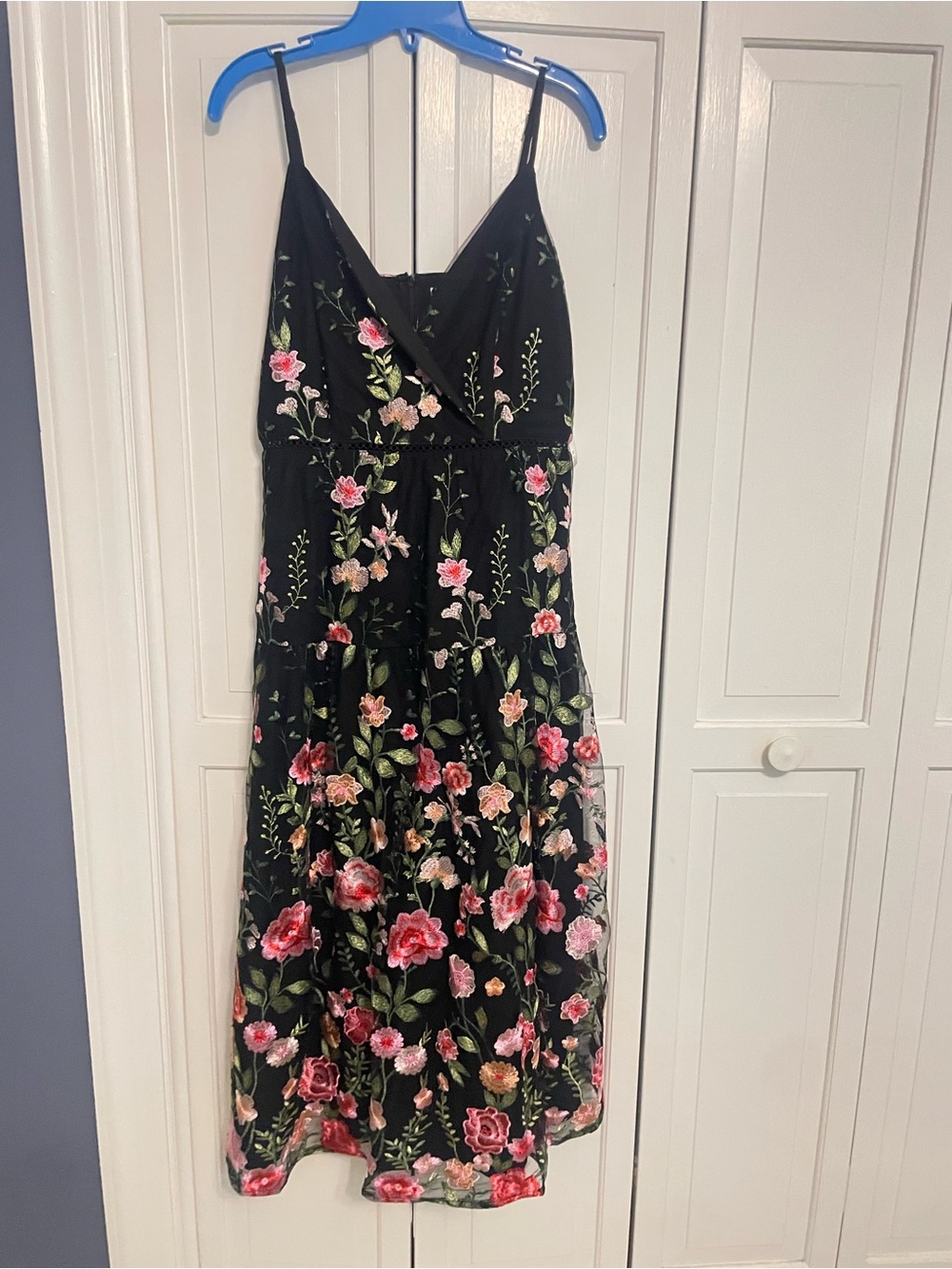 Just Me Black Floral Midi Dress with Pink & Green Embroidery